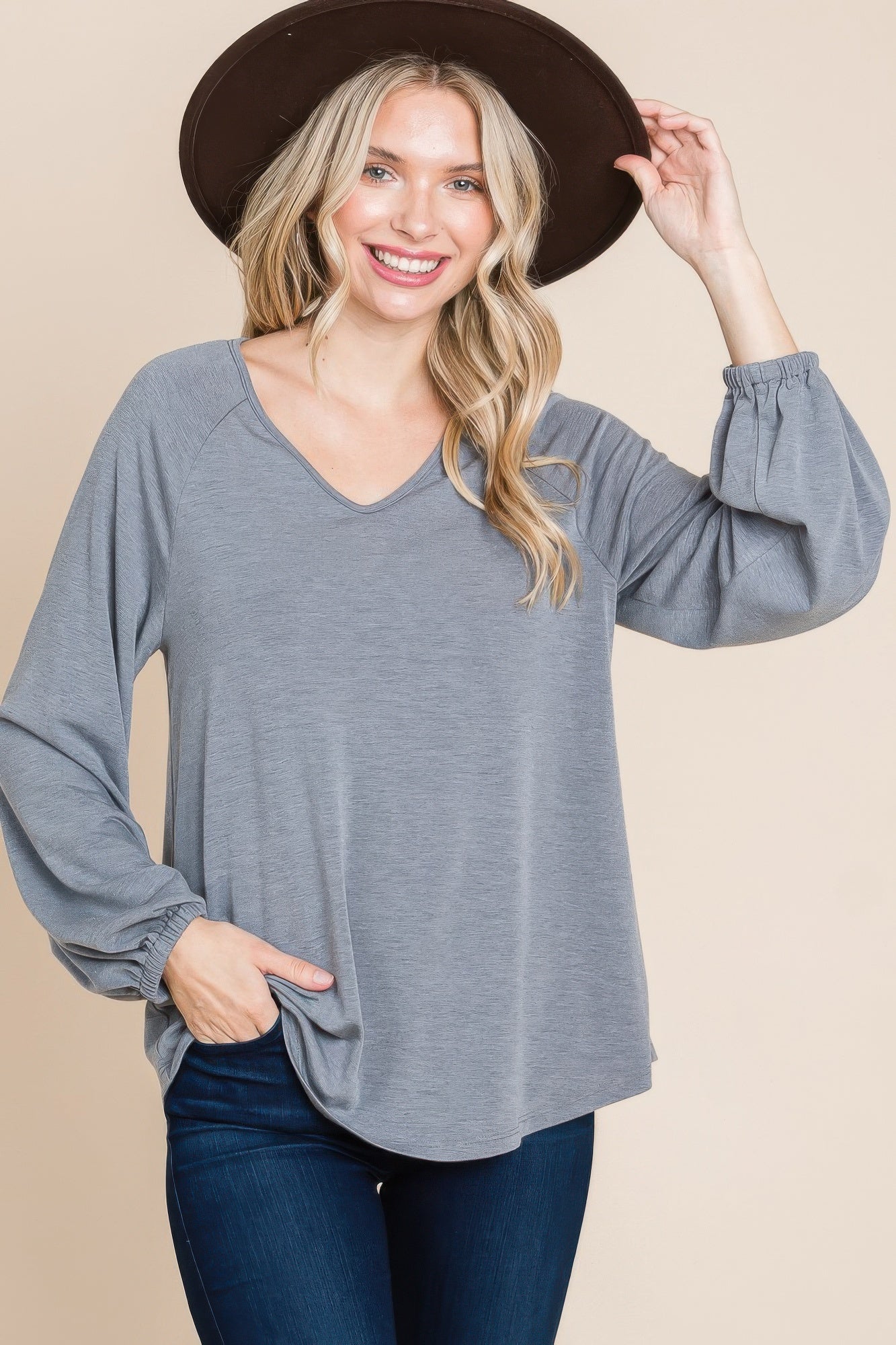 Casual V Neck Basic Long Sleeve Top